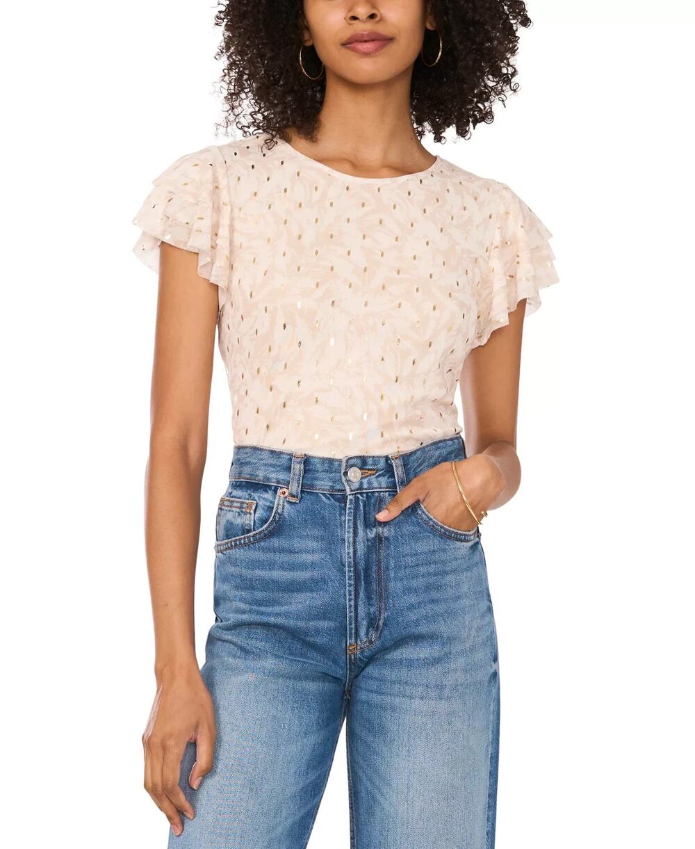 Vince Camuto Women's Crew-Neck Ruffle-Short-Sleeve Top Sand Size XL 4125